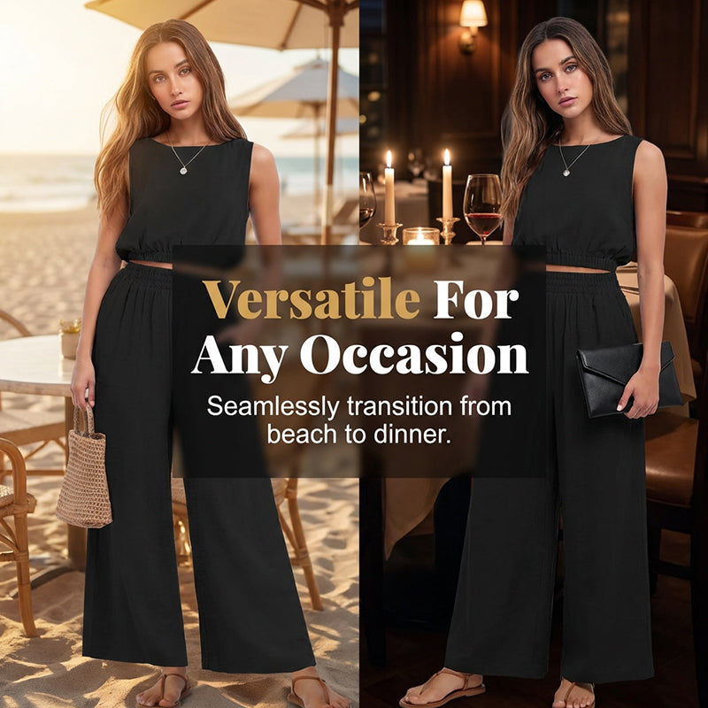Women's Sleeveless Crop Top & Wide-Leg Pants Set