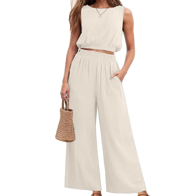 Women's Sleeveless Crop Top & Wide-Leg Pants Set