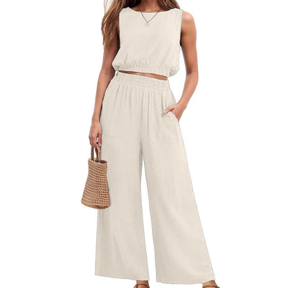 Women's Sleeveless Crop Top & Wide-Leg Pants Set