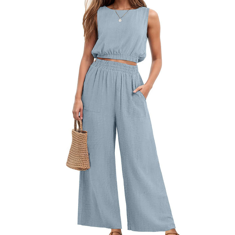 Women's Sleeveless Crop Top & Wide-Leg Pants Set