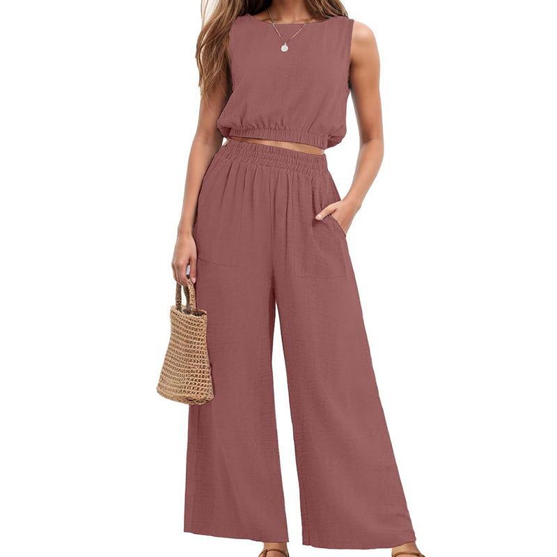 Women's Sleeveless Crop Top & Wide-Leg Pants Set