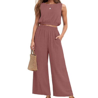 Women's Sleeveless Crop Top & Wide-Leg Pants Set