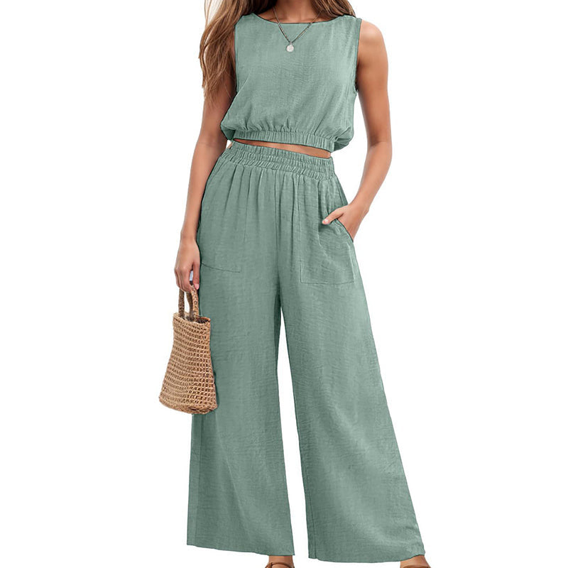 Women's Sleeveless Crop Top & Wide-Leg Pants Set
