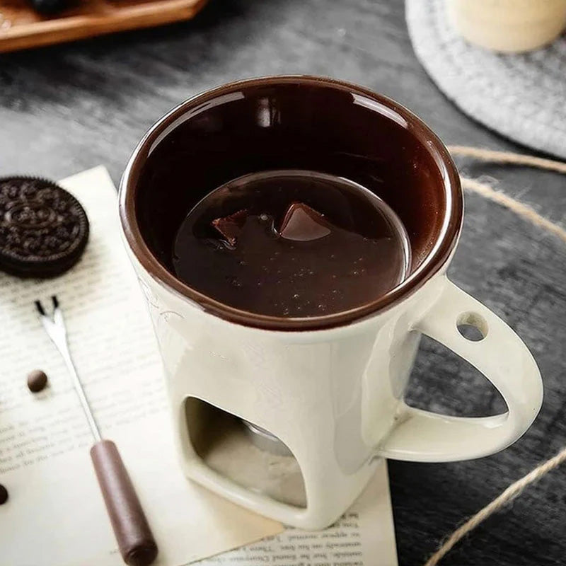 Ceramic Chocolate and Cheese Fondue Melter Mug with Fork