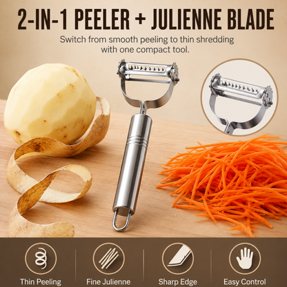 🔥50% OFF! 2-in-1 Stainless Steel Peeler and Julienne Slicer – Peel & Julienne in Seconds, Rust-Free & Dishwasher Safe! 🥕✨