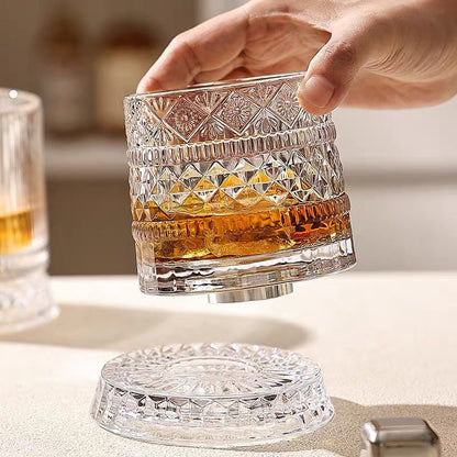 🥃50% OFF NOW! 360° Rotating Whiskey Glass Tumbler – Vintage Embossed Crystal Spinning Old Fashioned Glass, Luxury Rotatable Cocktail Glass for Bar, Home & Party