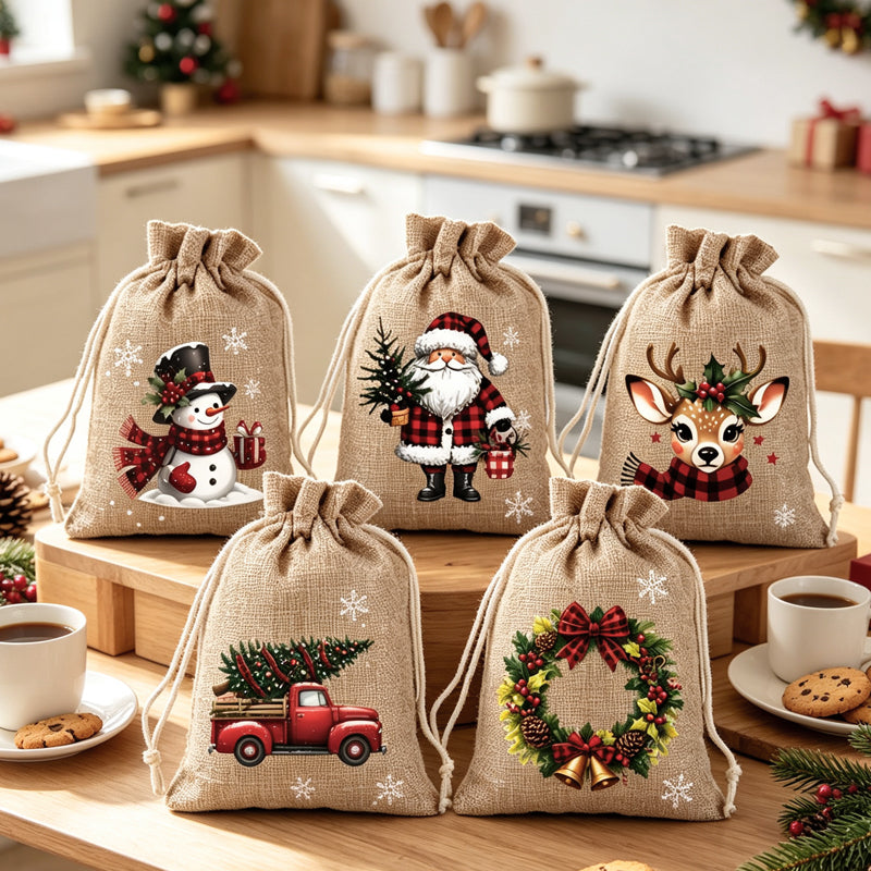🎄 Christmas Drawstring Gift Bags – Santa & Reindeer Design, Reusable Fabric Gift Wrapping Bags