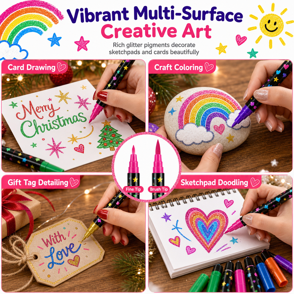12 Pack Dual Tip Glitter Markers and Highlighters Set 24 Colors Double Ended Soft Brush Tip Pens for Student Art Drawing