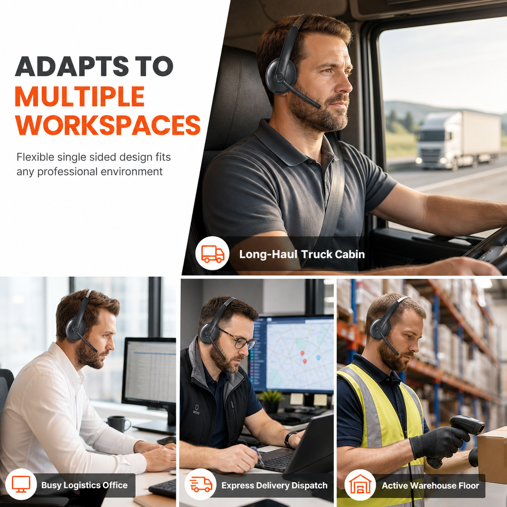 Wireless Bluetooth Call Center Headset with ENC Environmental Noise Cancellation and Auto Pairing for Customer Service and Truck Drivers