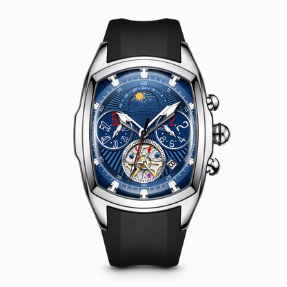 ⌚⚙️Men’s Tonneau Quartz Chronograph Watch | Decorative Skeleton Dial with Moon Phase Display🕳️