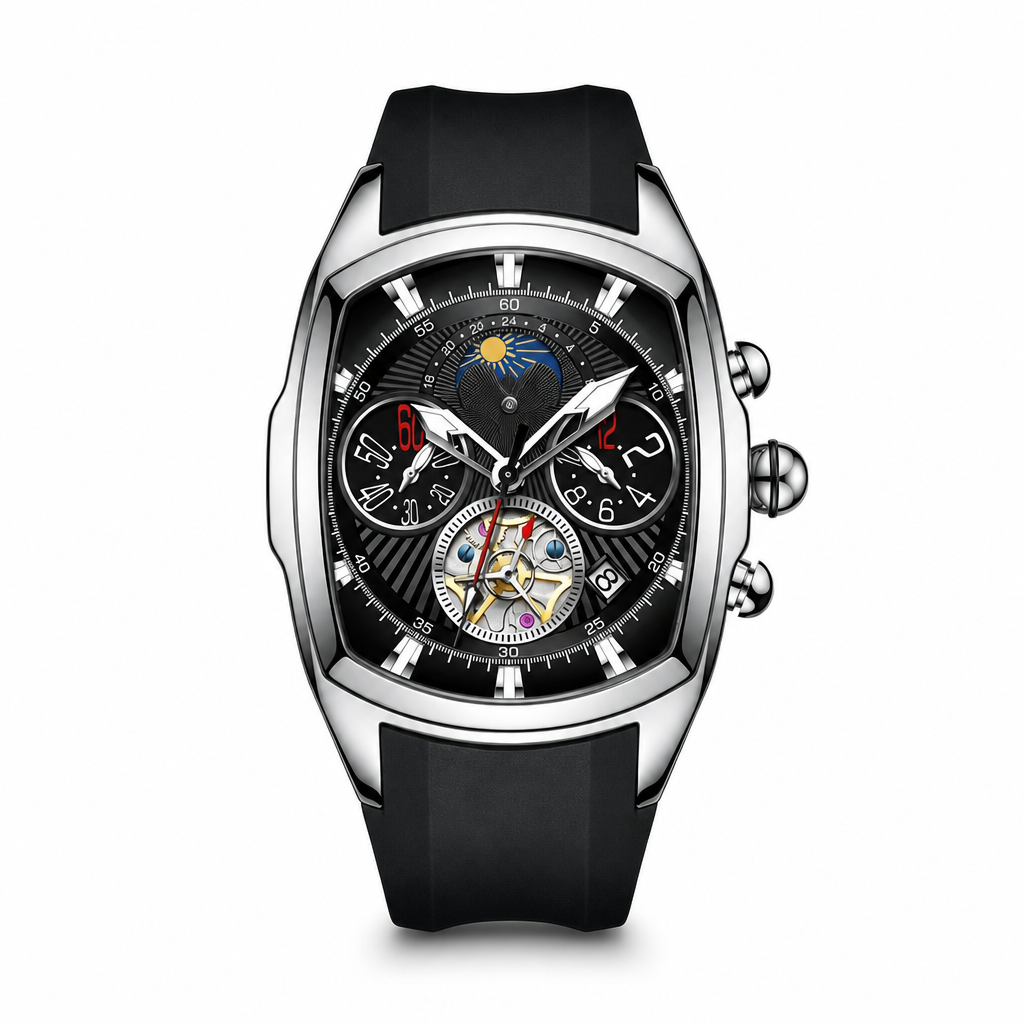 ⌚⚙️Men’s Tonneau Quartz Chronograph Watch | Decorative Skeleton Dial with Moon Phase Display🕳️