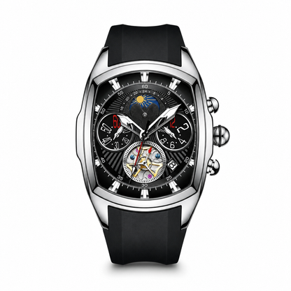 ⌚⚙️Men’s Tonneau Quartz Chronograph Watch | Decorative Skeleton Dial with Moon Phase Display🕳️