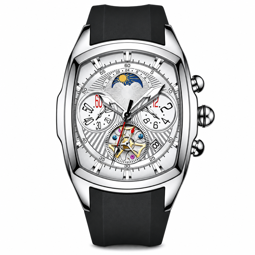 ⌚⚙️Men’s Tonneau Quartz Chronograph Watch | Decorative Skeleton Dial with Moon Phase Display🕳️