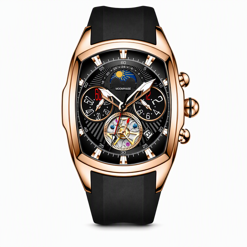 ⌚⚙️Men’s Tonneau Quartz Chronograph Watch | Decorative Skeleton Dial with Moon Phase Display🕳️