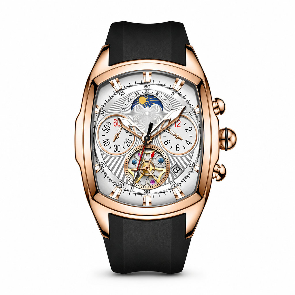 ⌚⚙️Men’s Tonneau Quartz Chronograph Watch | Decorative Skeleton Dial with Moon Phase Display🕳️