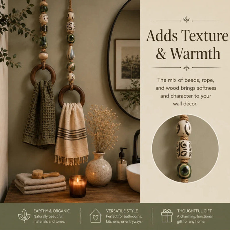 ✨Boho Beaded Towel Hanger with Wooden Ring | Decorative Wall Towel Holder for Bathroom & Kitchen