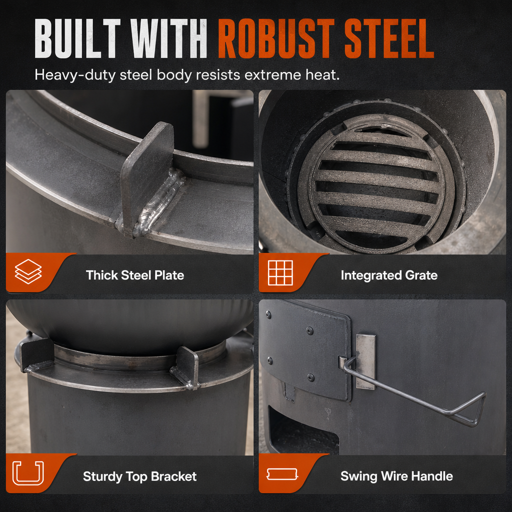 ⏳Time-Limited Special⏰Heavy‑Duty Carbon Steel Camping Stove – Wood & Charcoal, High‑Draft Airflow, 3‑in‑1 Cooktop 🍳