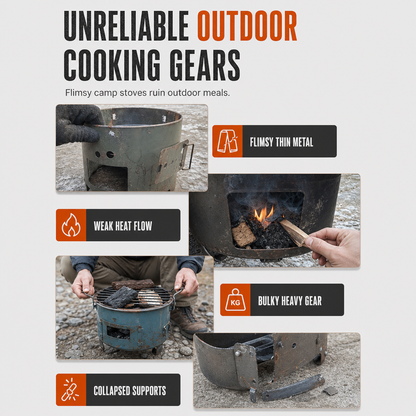 ⏳Time-Limited Special⏰Heavy‑Duty Carbon Steel Camping Stove – Wood & Charcoal, High‑Draft Airflow, 3‑in‑1 Cooktop 🍳