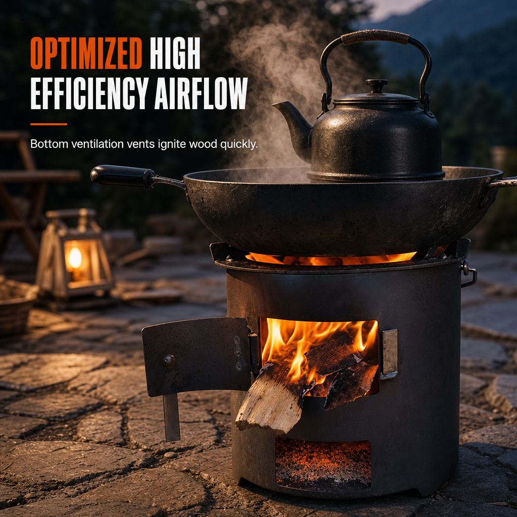 ⏳Time-Limited Special⏰Heavy‑Duty Carbon Steel Camping Stove – Wood & Charcoal, High‑Draft Airflow, 3‑in‑1 Cooktop 🍳