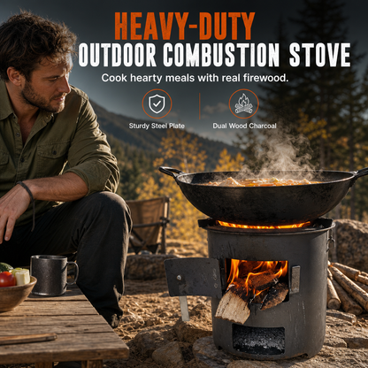 ⏳Time-Limited Special⏰Heavy‑Duty Carbon Steel Camping Stove – Wood & Charcoal, High‑Draft Airflow, 3‑in‑1 Cooktop 🍳