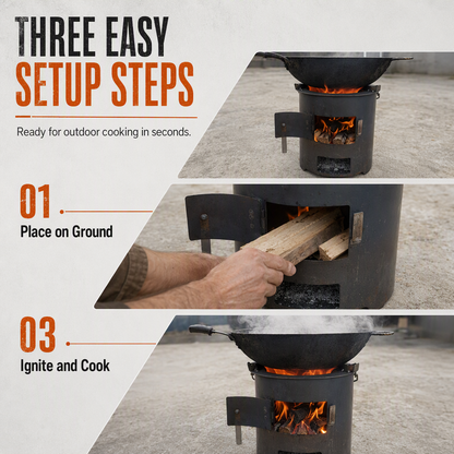 ⏳Time-Limited Special⏰Heavy‑Duty Carbon Steel Camping Stove – Wood & Charcoal, High‑Draft Airflow, 3‑in‑1 Cooktop 🍳