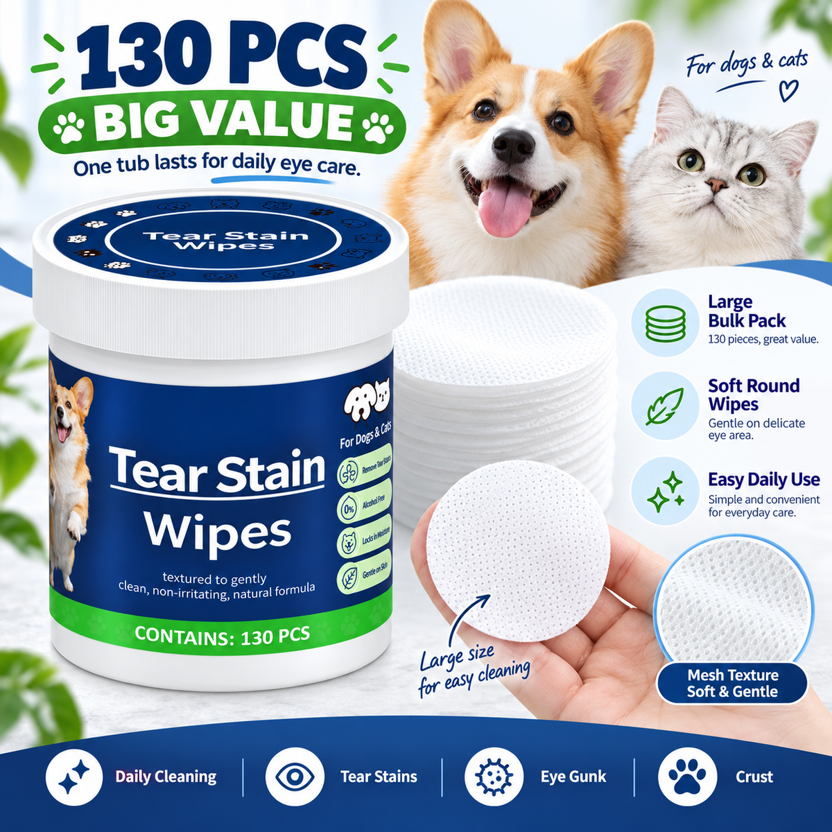 Pet Eye and Tear Stain Cleaning Wipes for Dogs and Cats