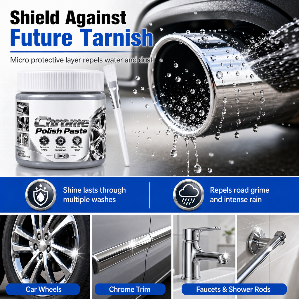 ✨50% OFF NOW! Metal Chrome Polish & Restorer Paste with Brush – Heavy-Duty Chrome Polishing Cream, Oxidation Remover for Car Wheels, Metal Trim, Faucets & Chrome Surfaces