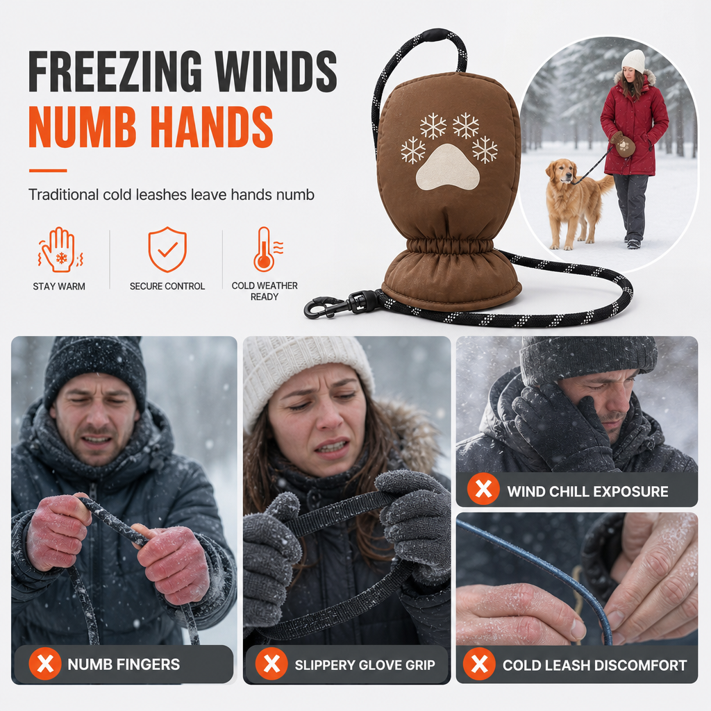 Winter Dog Leash with Integrated Warm Glove for Cold Weather Walking