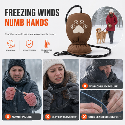 Winter Dog Leash with Integrated Warm Glove for Cold Weather Walking