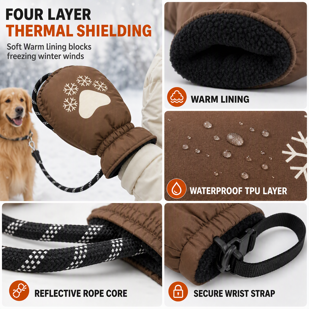 Winter Dog Leash with Integrated Warm Glove for Cold Weather Walking