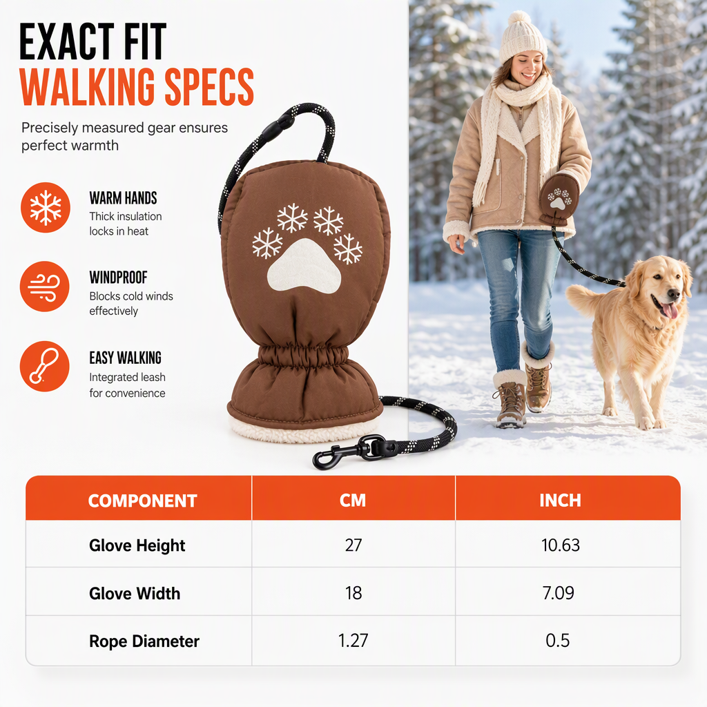Winter Dog Leash with Integrated Warm Glove for Cold Weather Walking