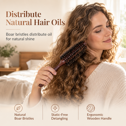 Boar Bristle Round Hair Brush for Blow Drying and Styling Curly or Straight Hair