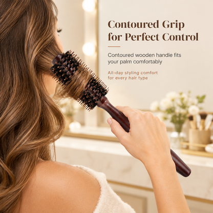 Boar Bristle Round Hair Brush for Blow Drying and Styling Curly or Straight Hair