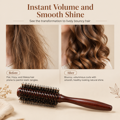 Boar Bristle Round Hair Brush for Blow Drying and Styling Curly or Straight Hair