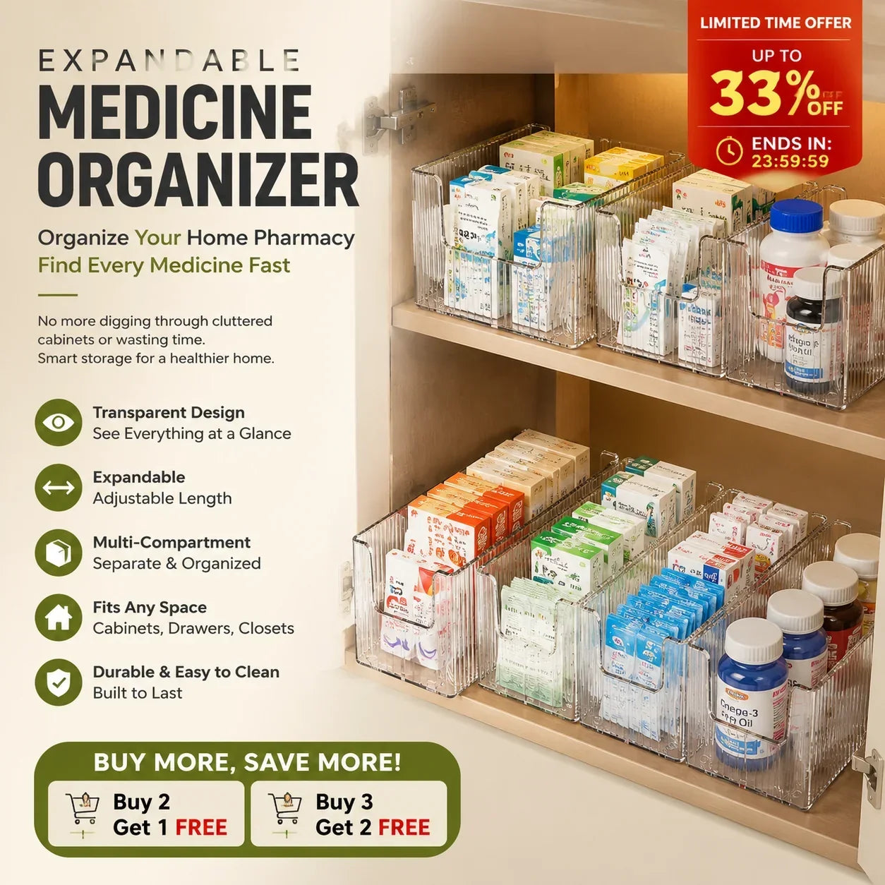 🔥 Transparent Expandable Medicine Organizer — expandable, perfect for a tidy medicine cabinet 💊🗄️