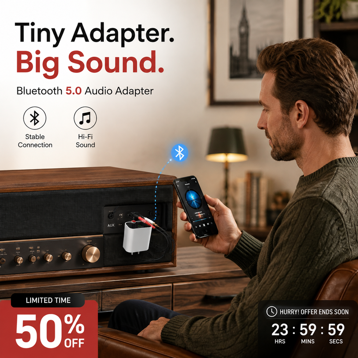 🎧 50% OFF NOW! 🔊 Bluetooth 5.0 Audio Adapter – Wireless Streaming, Hi-Fi Sound & Plug-and-Play 📲