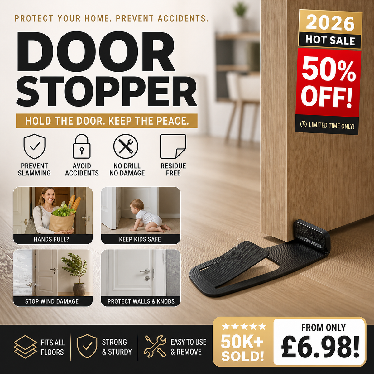 🥳2026 HOT SALE🥳💞50K+ SOLD! 🚪🎁 50% OFF! Door Stopper Protector –  No-drill, residue-free & holds doors open. Safe & simple – stock up & save! 🏠✅