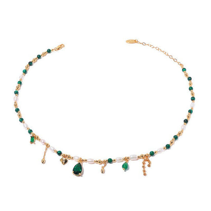 Vintage Elegant Pearl Emerald Tassel Necklace
