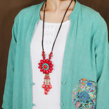 Handmade Long Tasseled Turquoise Flower Necklace （4 styles）