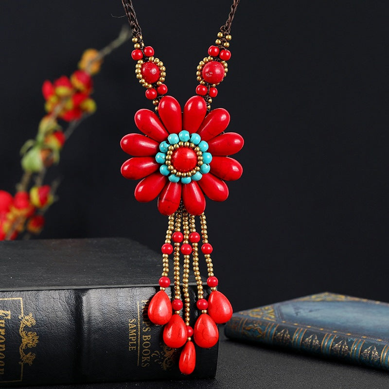 Handmade Long Tasseled Turquoise Flower Necklace （4 styles）