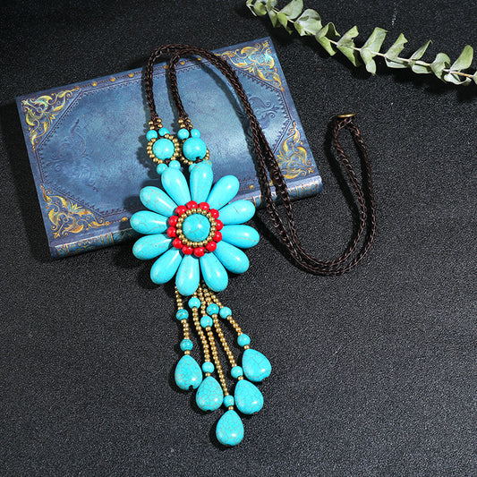 Handmade Long Tasseled Turquoise Flower Necklace （4 styles）