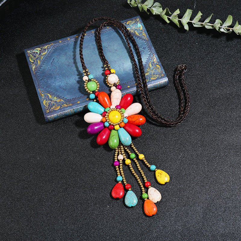 Handmade Long Tasseled Turquoise Flower Necklace （4 styles）