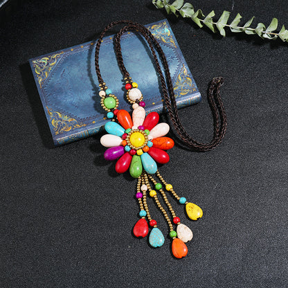 Handmade Long Tasseled Turquoise Flower Necklace （4 styles）